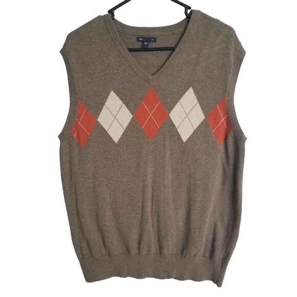 Gap Argyle Brown Orange Cotton Sweater Vest Retro V Neck Size Large - Picture 2 of 7